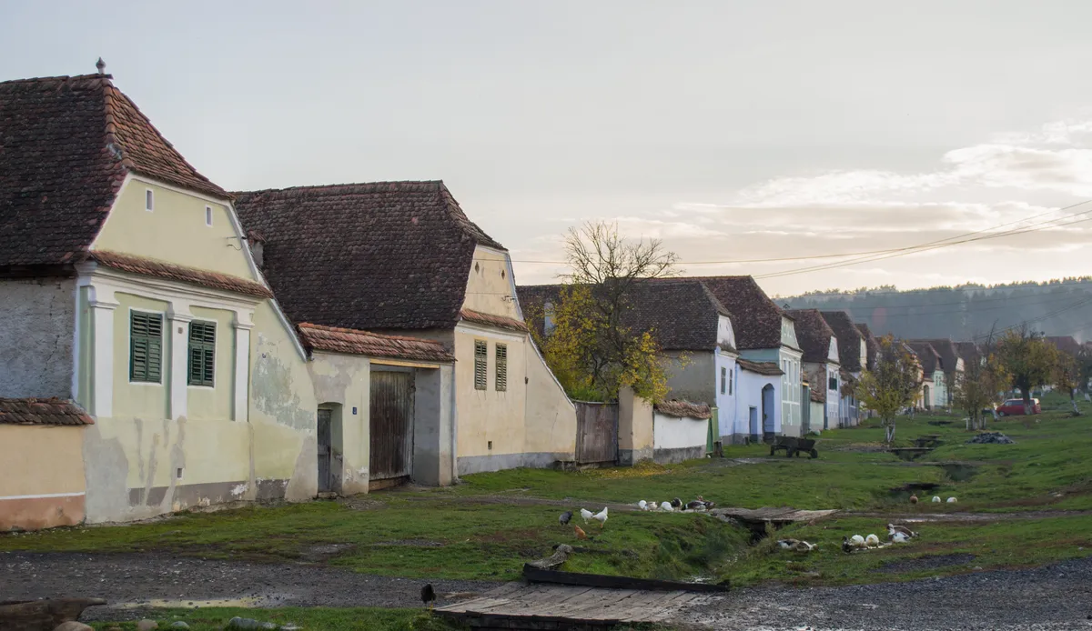 The main street in Viscri village. A similar traditional house, blu, belongs now to HRH King of UK